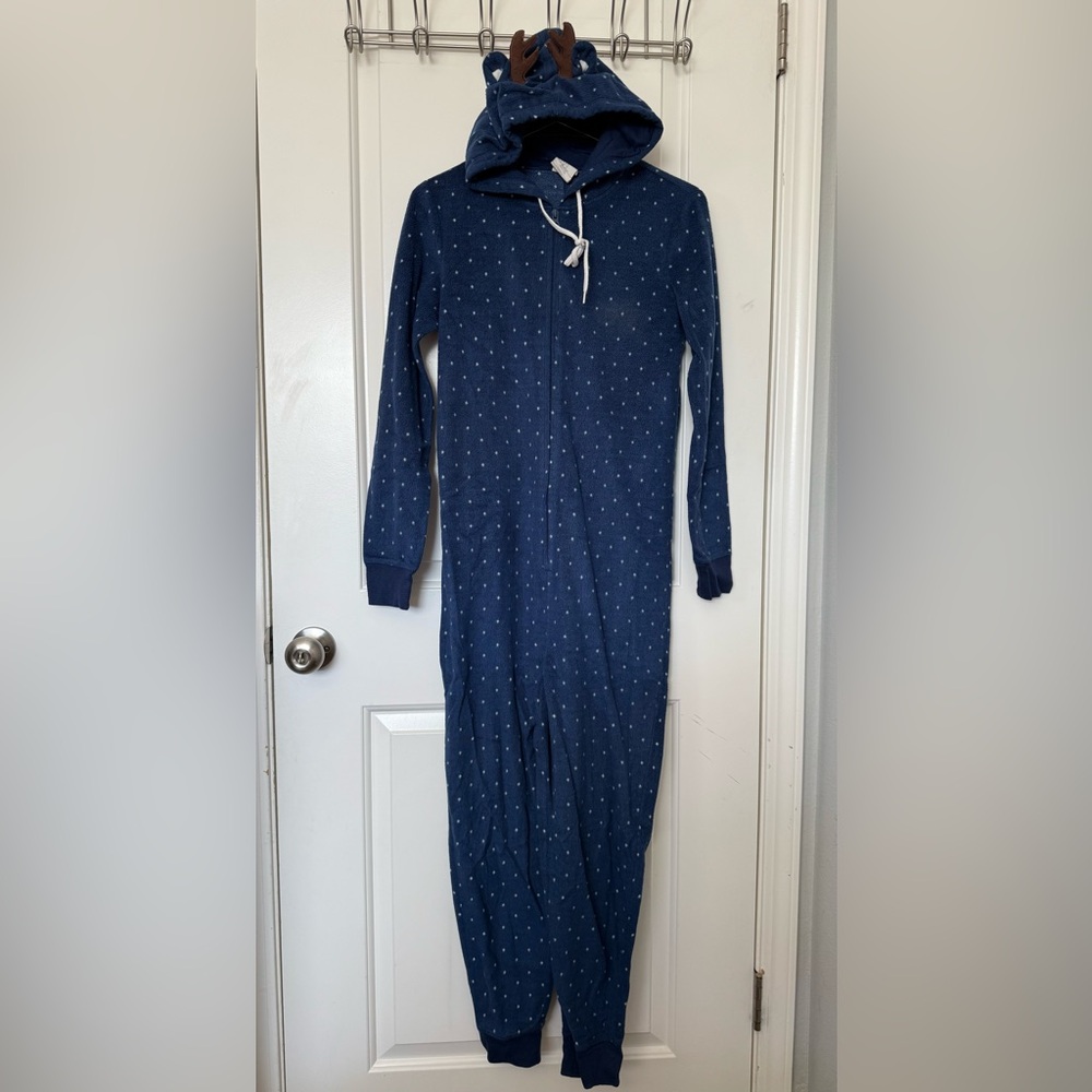 Navy Blue “Deer” Hooded Onesie with White Dots
